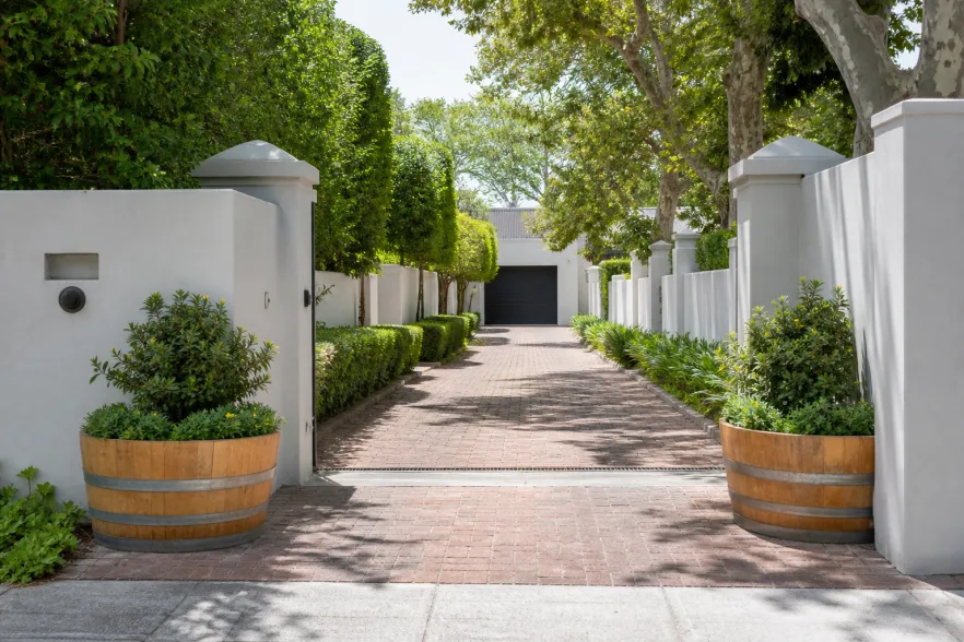 300 litre wine barrel half planters lining a Cape Town driveway entrance