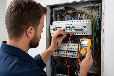 Electrician diagnosing a circuit breaker panel for repairs