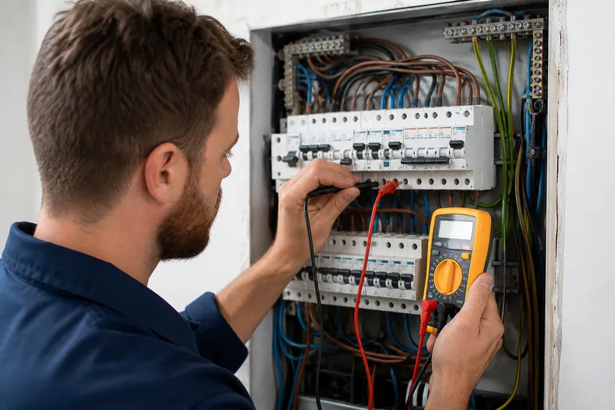 Electrician diagnosing a circuit breaker panel for repairs